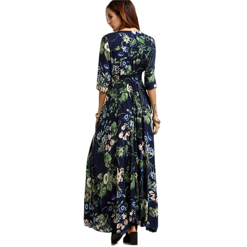 Blue Floral Print Half Sleeve Button Front A Line Bohemian Dress