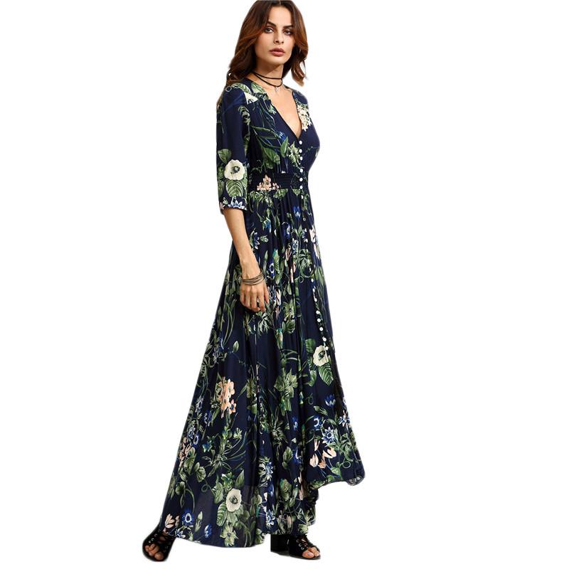 Blue Floral Print Half Sleeve Button Front A Line Bohemian Dress