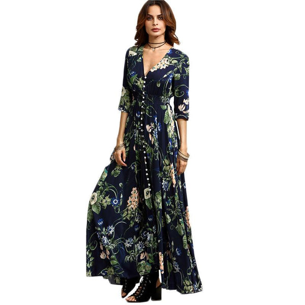 Blue Floral Print Half Sleeve Button Front A Line Bohemian Dress