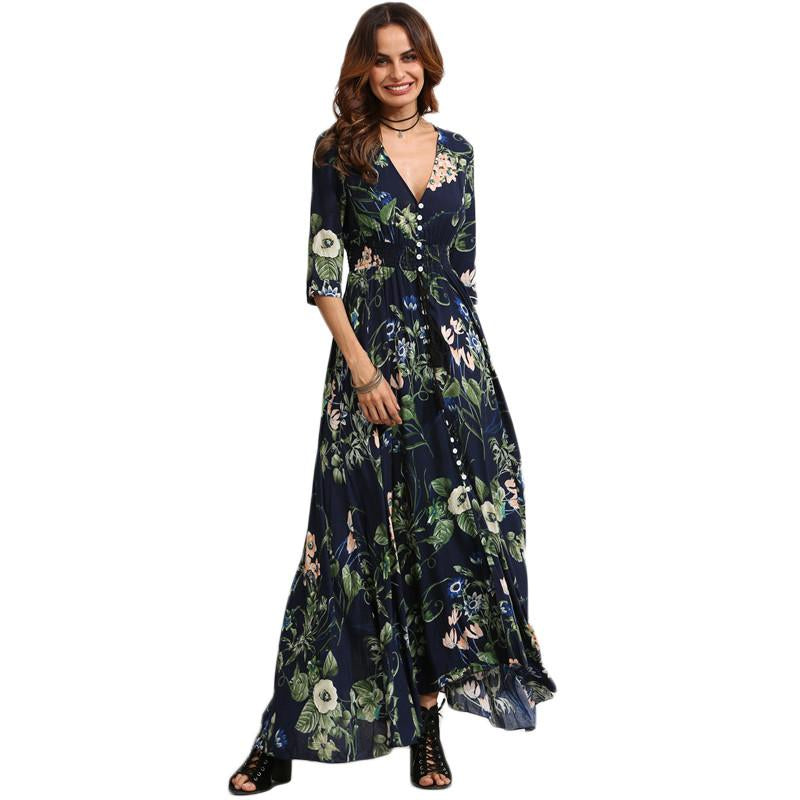 Blue Floral Print Half Sleeve Button Front A Line Bohemian Dress