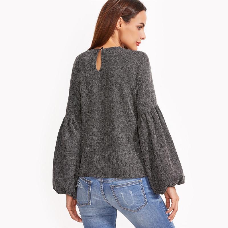 Grey Keyhole Back Lantern Sleeve Casual Top