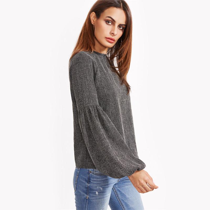 Grey Keyhole Back Lantern Sleeve Casual Top