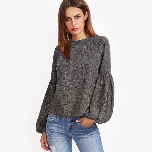 Grey Keyhole Back Lantern Sleeve Casual Top