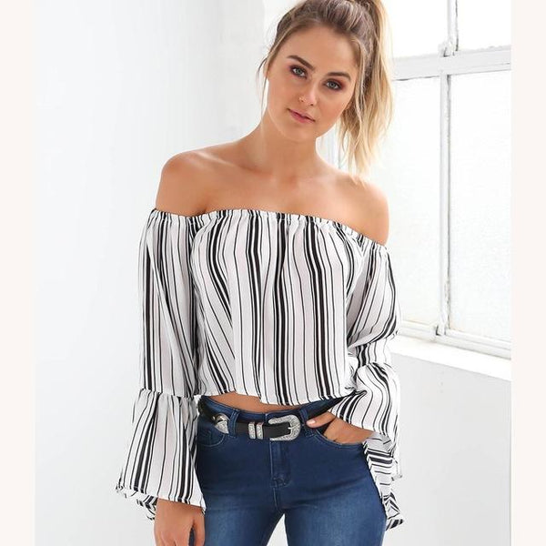Striped Boardwalk Off Shoulder Crop Top