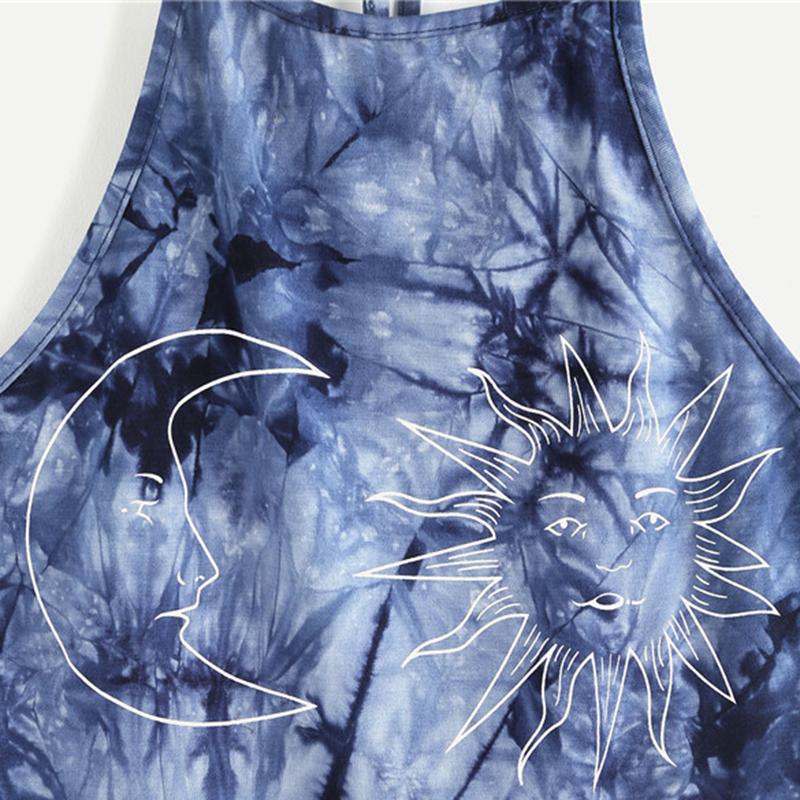 Blue Tie Dye Moon And Star Print Halter Neck Crop Top