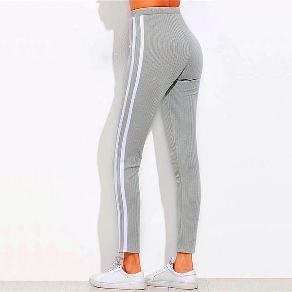 Gray Ribbed Knit Drawstring Striped Sideseam Skinny Sweatpants