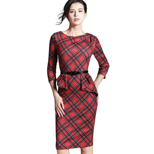 Vintage Fitted Dress O Neck 3/4 Sleeve Belt Peplum Pencil Dress