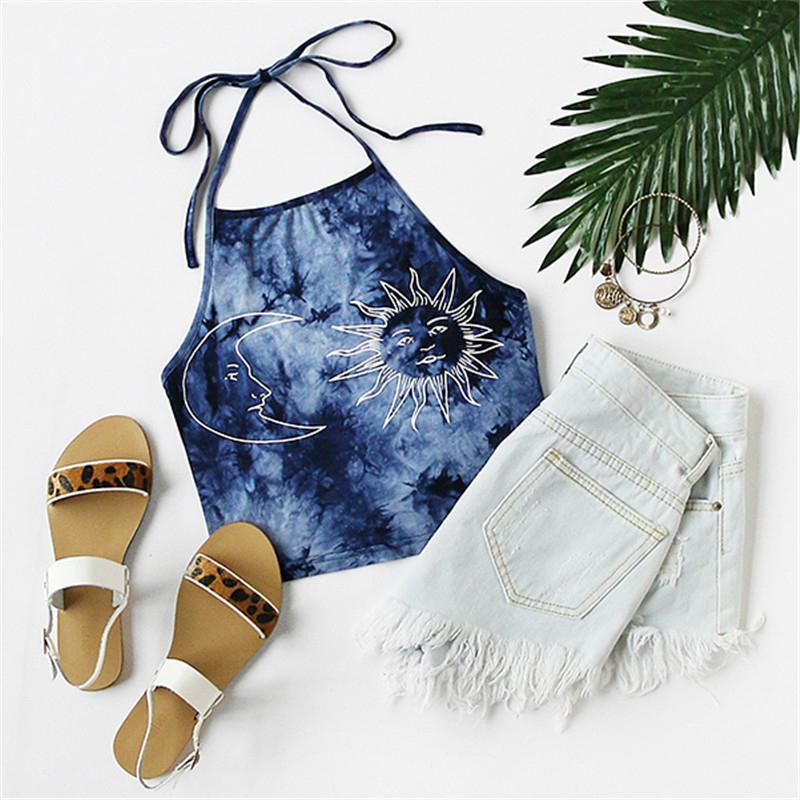 Blue Tie Dye Moon And Star Print Halter Neck Crop Top