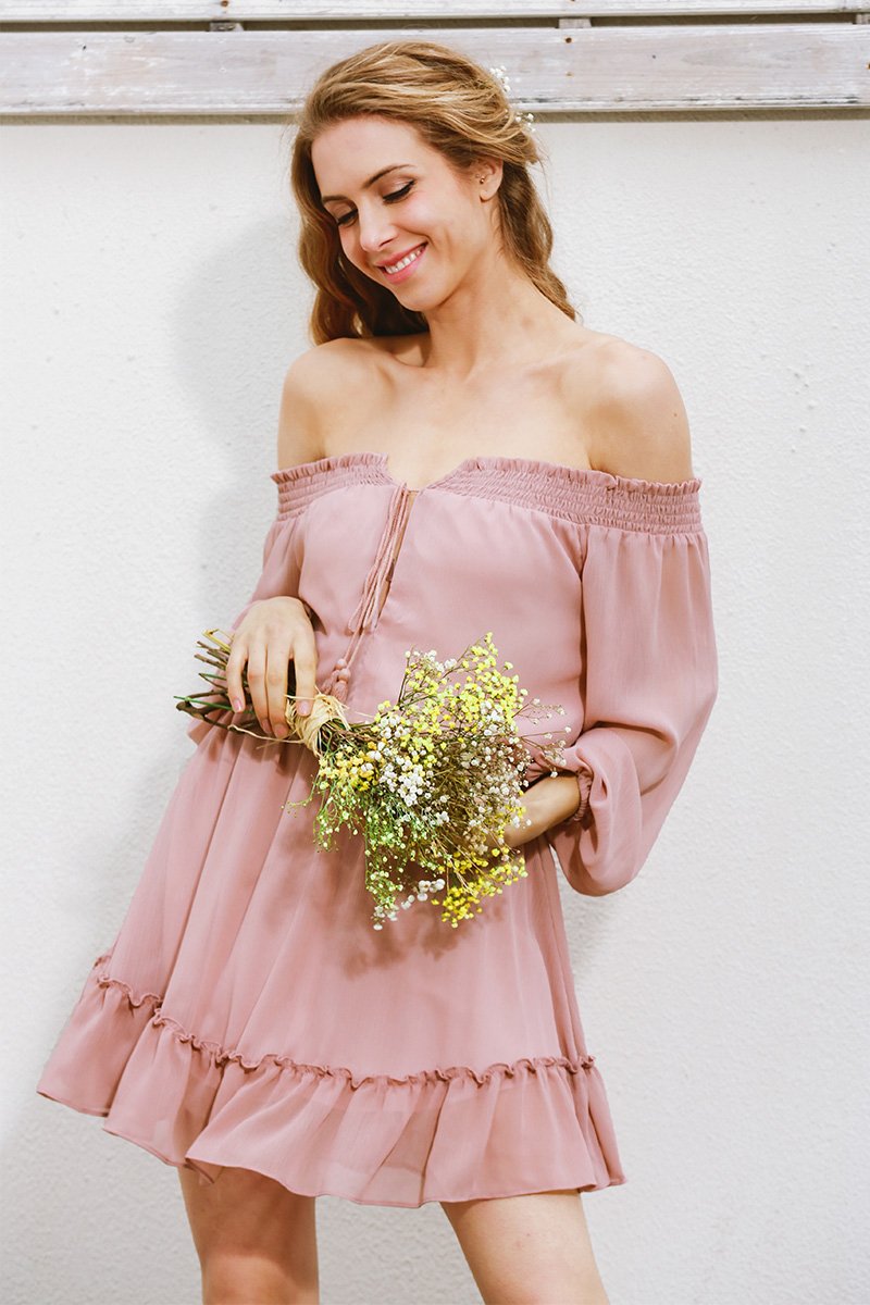 Vintage Off shoulder Ruffle Hem Dress