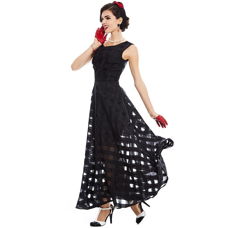 Black Plaid Bohemian Sleeveless Tank A-Line Maxi Dress