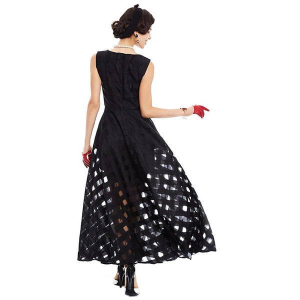 Black Plaid Bohemian Sleeveless Tank A-Line Maxi Dress