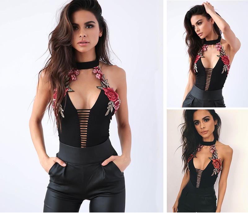 Halter Embroidery Hollow Out Bodysuit