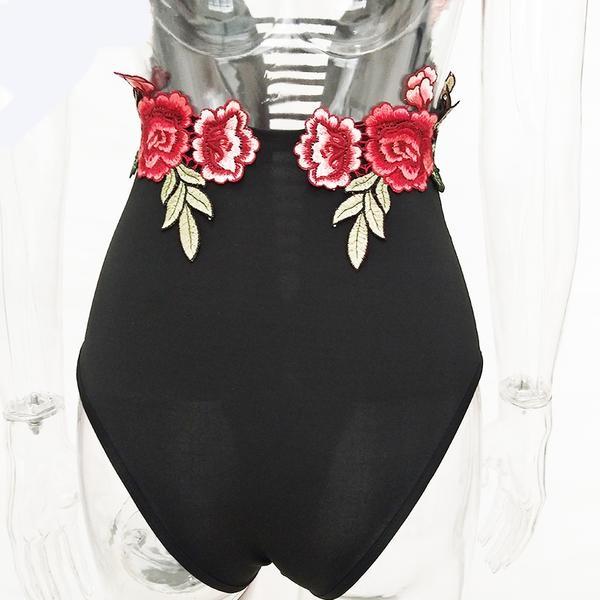 Halter Embroidery Hollow Out Bodysuit
