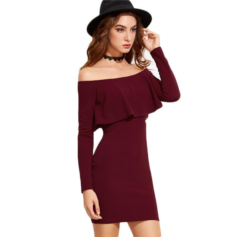 Burgundy Off Shoulder Ruffle Mini Dress
