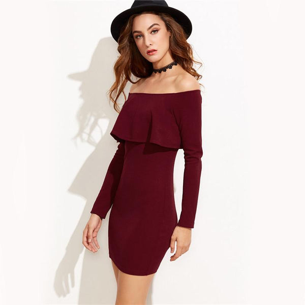 Burgundy Off Shoulder Ruffle Mini Dress