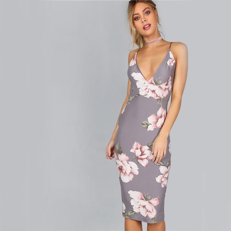Grey Floral Plunge Neck Backless Midi Dress
