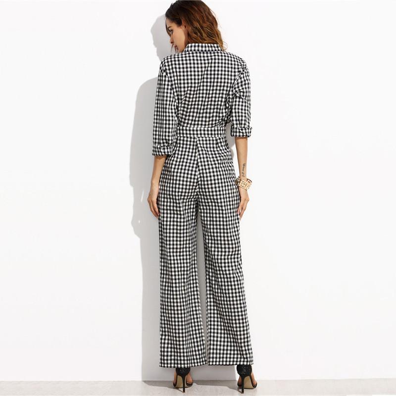 Black Gingham V Neck  Jumpsuit
