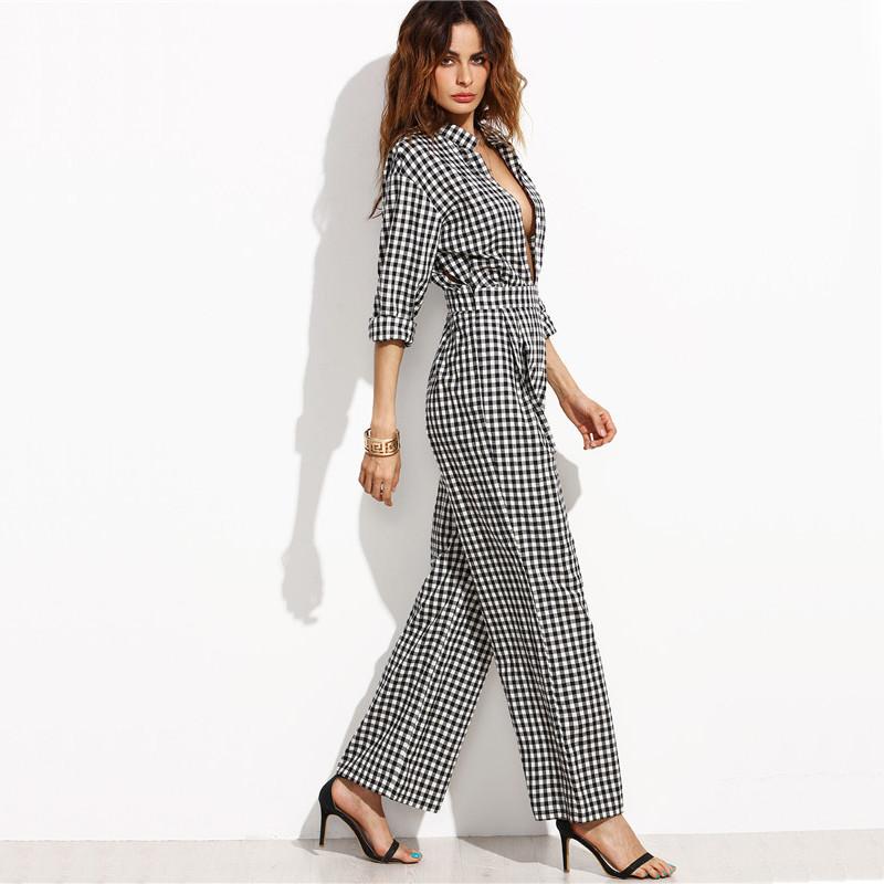 Black Gingham V Neck  Jumpsuit