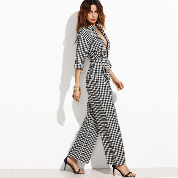 Black Gingham V Neck  Jumpsuit