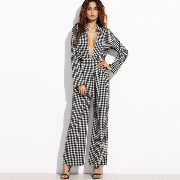 Black Gingham V Neck  Jumpsuit