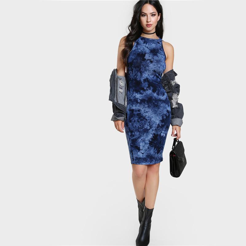 Navy Tie Dye Backless Sheath Midi Dress
