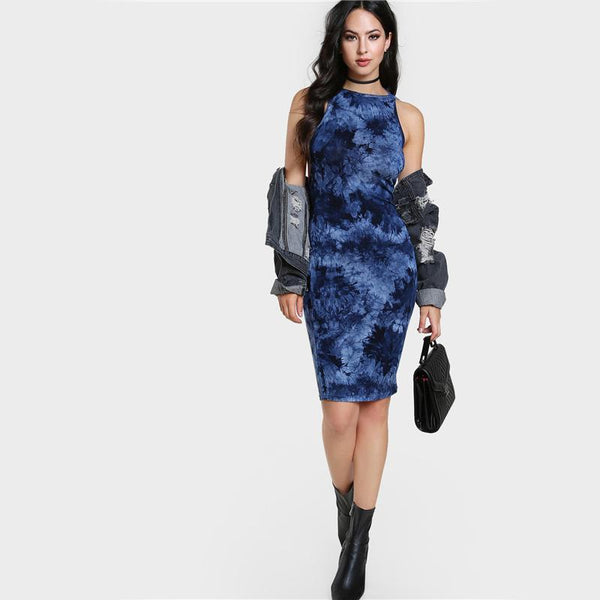 Navy Tie Dye Backless Sheath Midi Dress