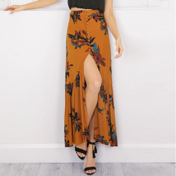 Red Floral Print Bohemian High Waist Front Split Maxi Skirt