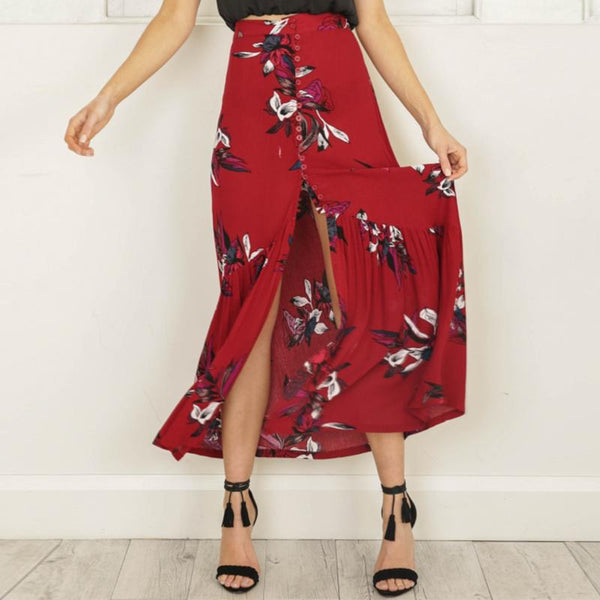 Red Floral Print Bohemian High Waist Front Split Maxi Skirt
