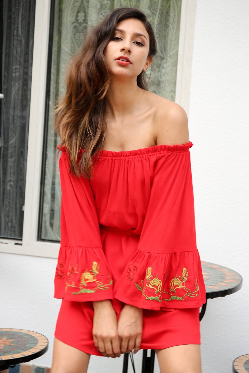 Bohemian Off Shoulder Flare Sleeve Embroidery Mini Dress