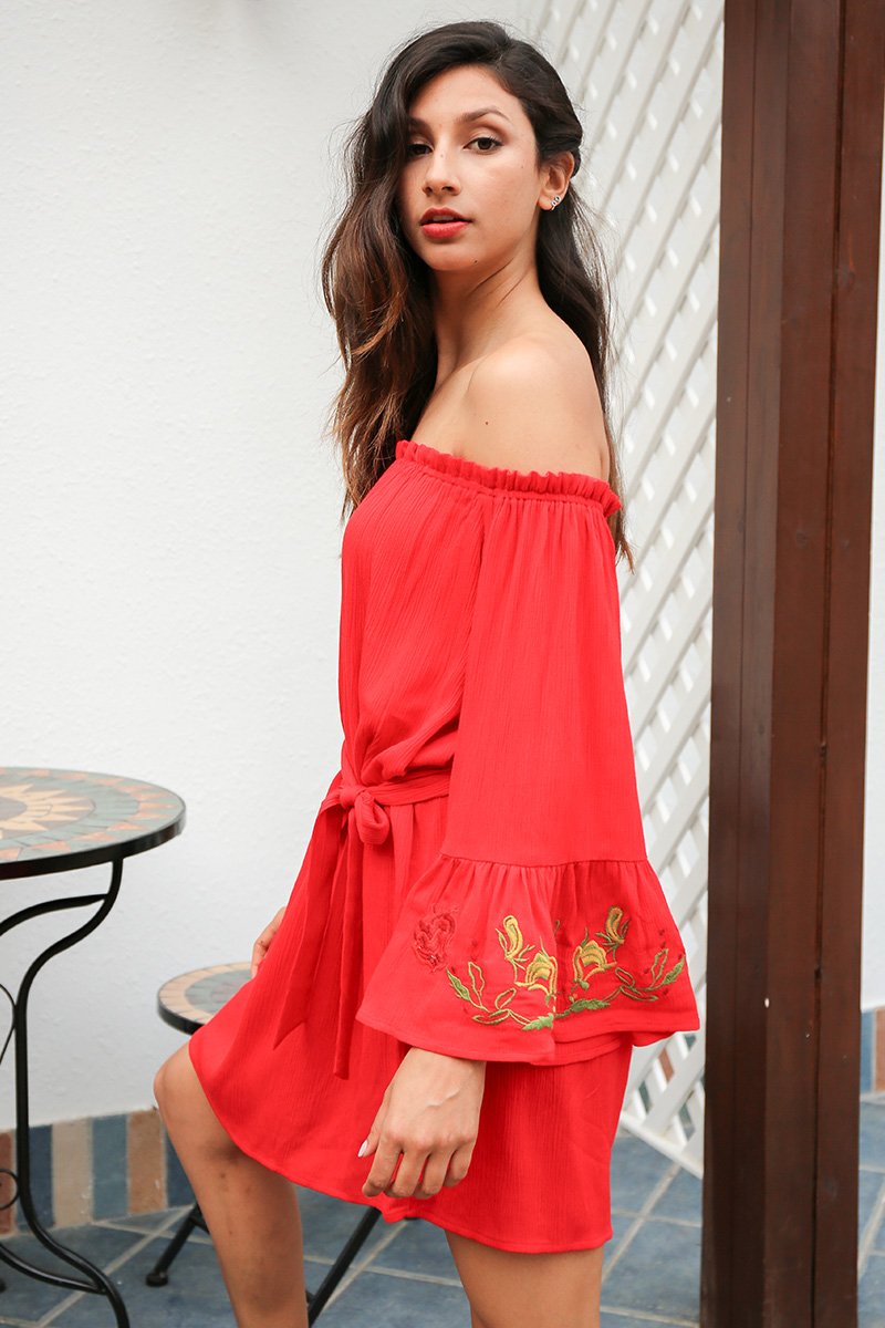 Bohemian Off Shoulder Flare Sleeve Embroidery Mini Dress