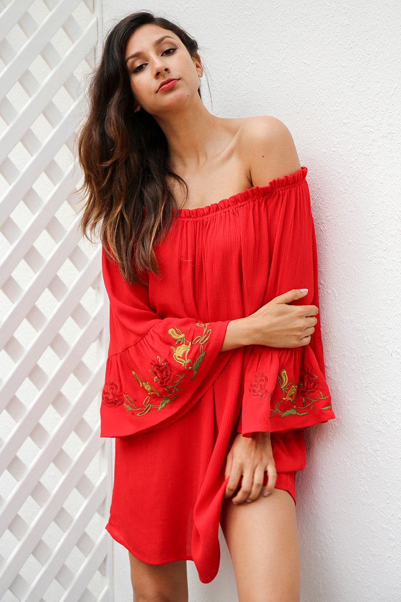 Bohemian Off Shoulder Flare Sleeve Embroidery Mini Dress