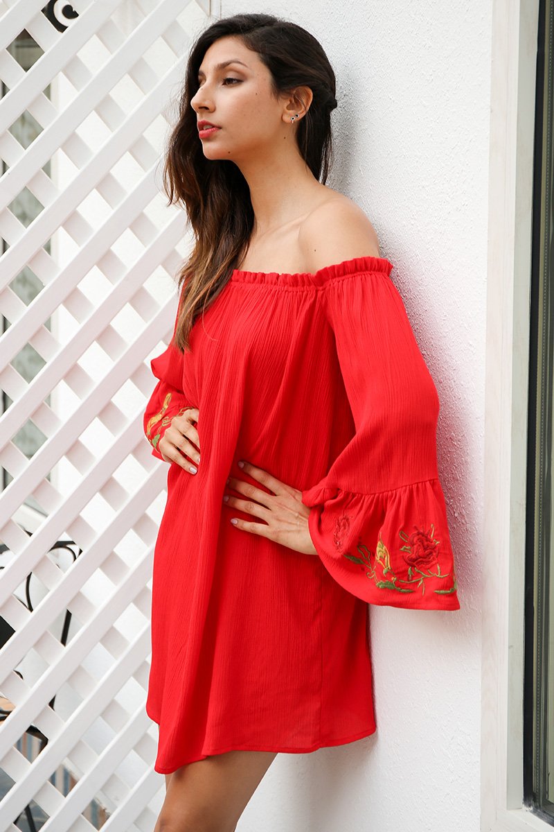 Bohemian Off Shoulder Flare Sleeve Embroidery Mini Dress