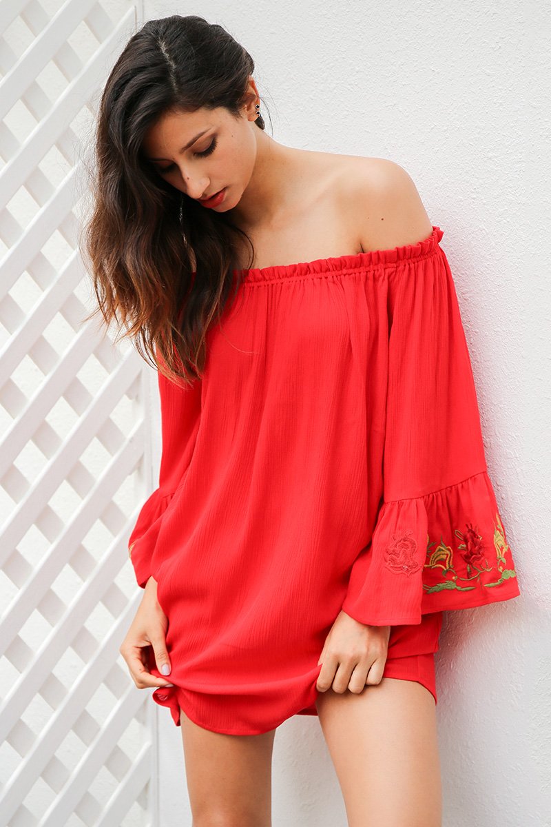 Bohemian Off Shoulder Flare Sleeve Embroidery Mini Dress