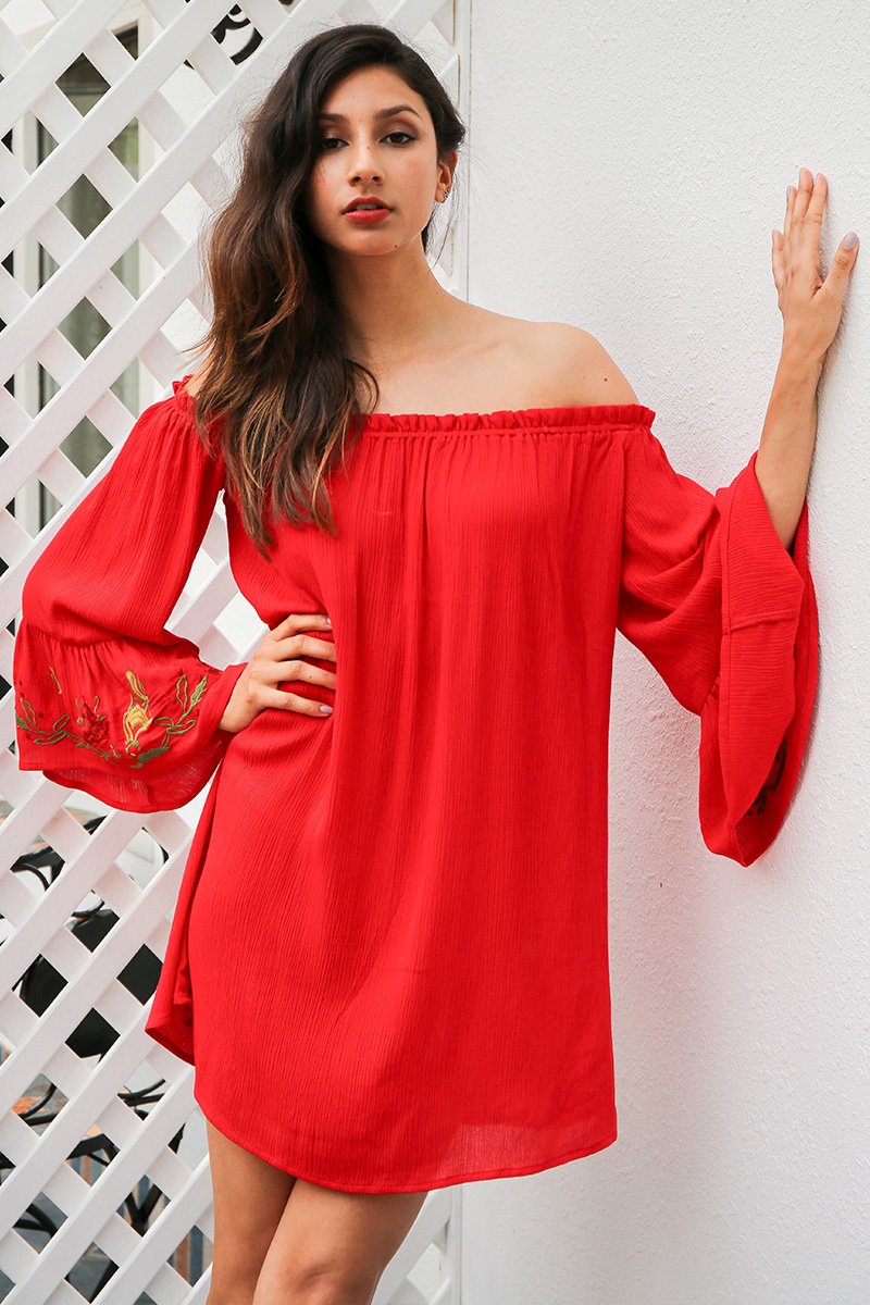 Bohemian Off Shoulder Flare Sleeve Embroidery Mini Dress