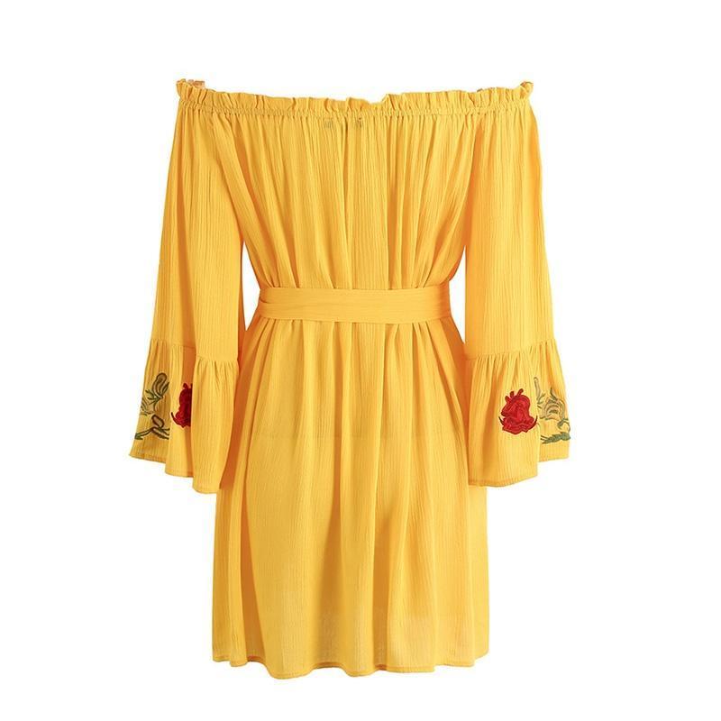 Bohemian Off Shoulder Flare Sleeve Embroidery Mini Dress