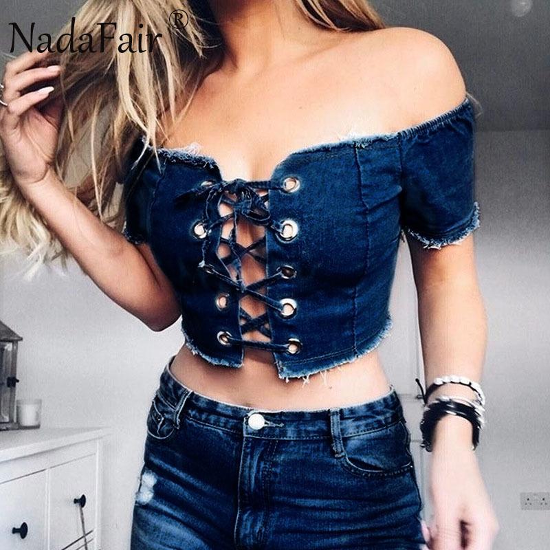 Lace-up Shoulder Slash Denim Crop Top
