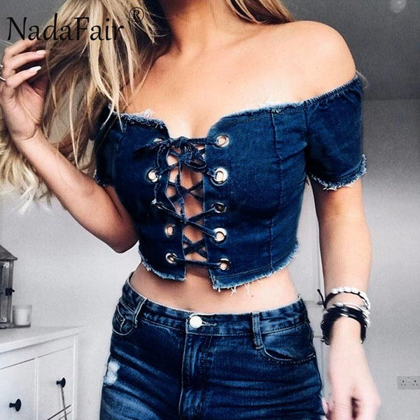 Lace-up Shoulder Slash Denim Crop Top