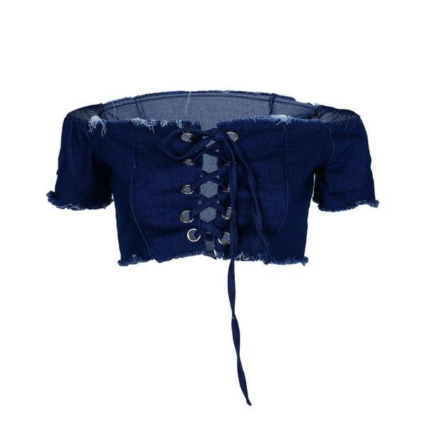 Lace-up Shoulder Slash Denim Crop Top