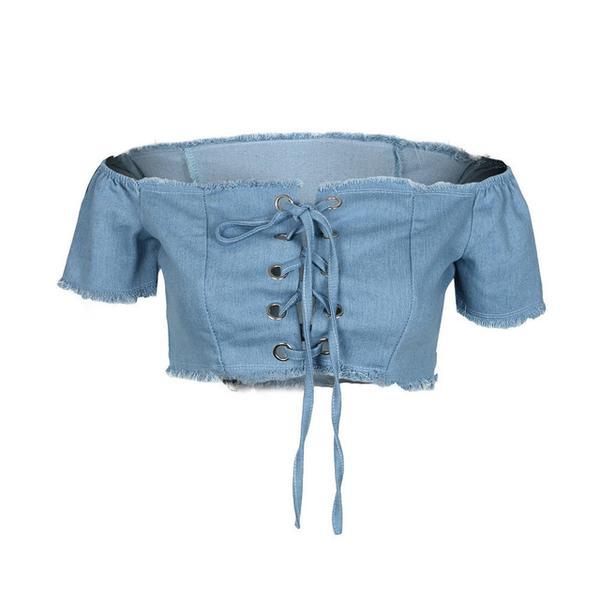 Lace-up Shoulder Slash Denim Crop Top