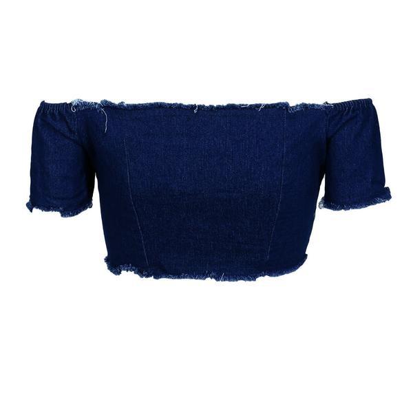 Lace-up Shoulder Slash Denim Crop Top