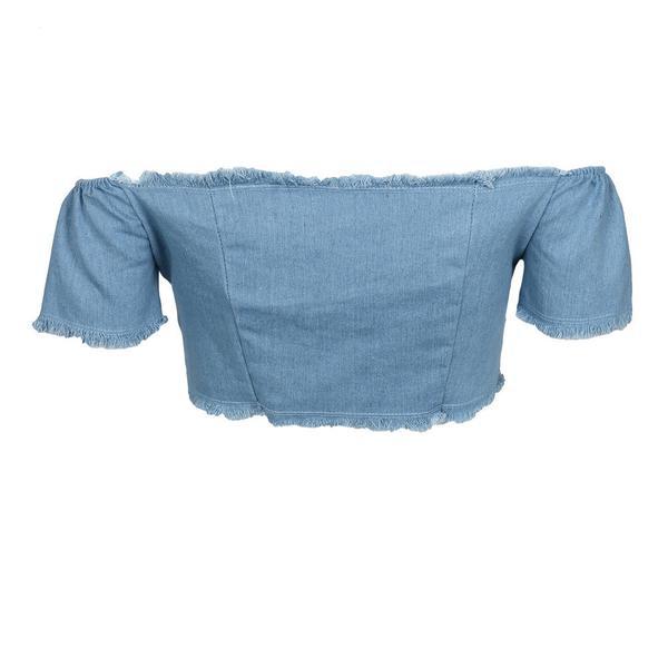 Lace-up Shoulder Slash Denim Crop Top