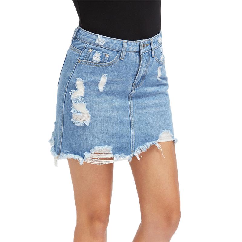 Blue Light Wash Denim Distressed Mini Skirt