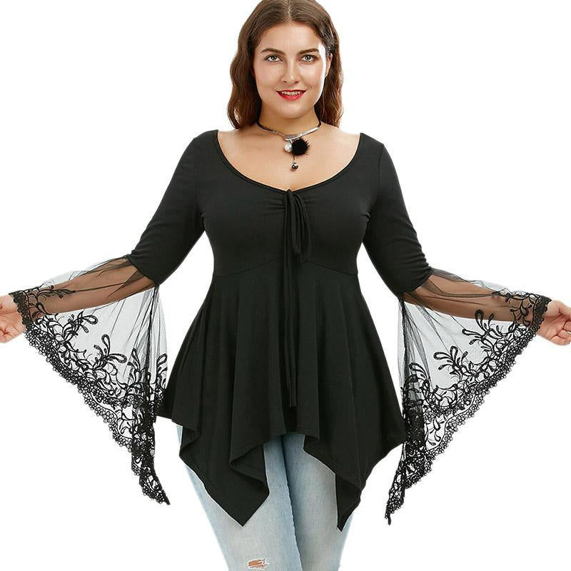 Plus Size Black Sexy Floral Lace Bell Flare Sleeve Top