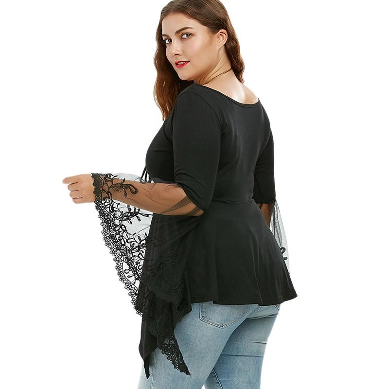 Plus Size Black Sexy Floral Lace Bell Flare Sleeve Top
