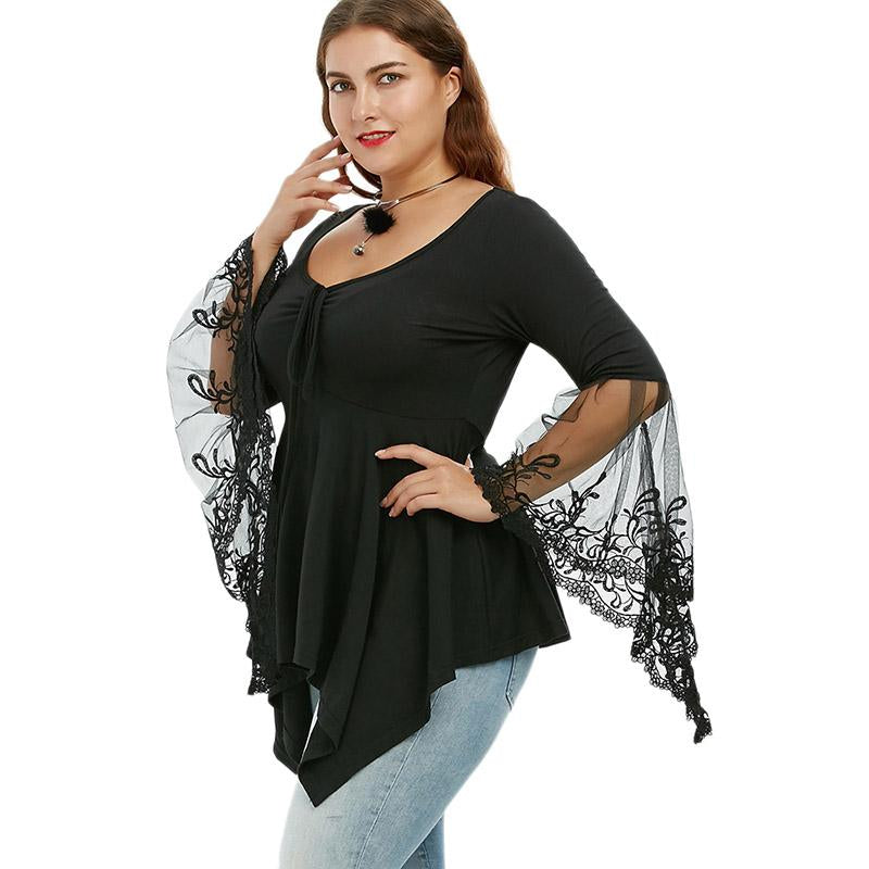 Plus Size Black Sexy Floral Lace Bell Flare Sleeve Top