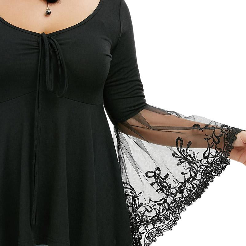 Plus Size Black Sexy Floral Lace Bell Flare Sleeve Top