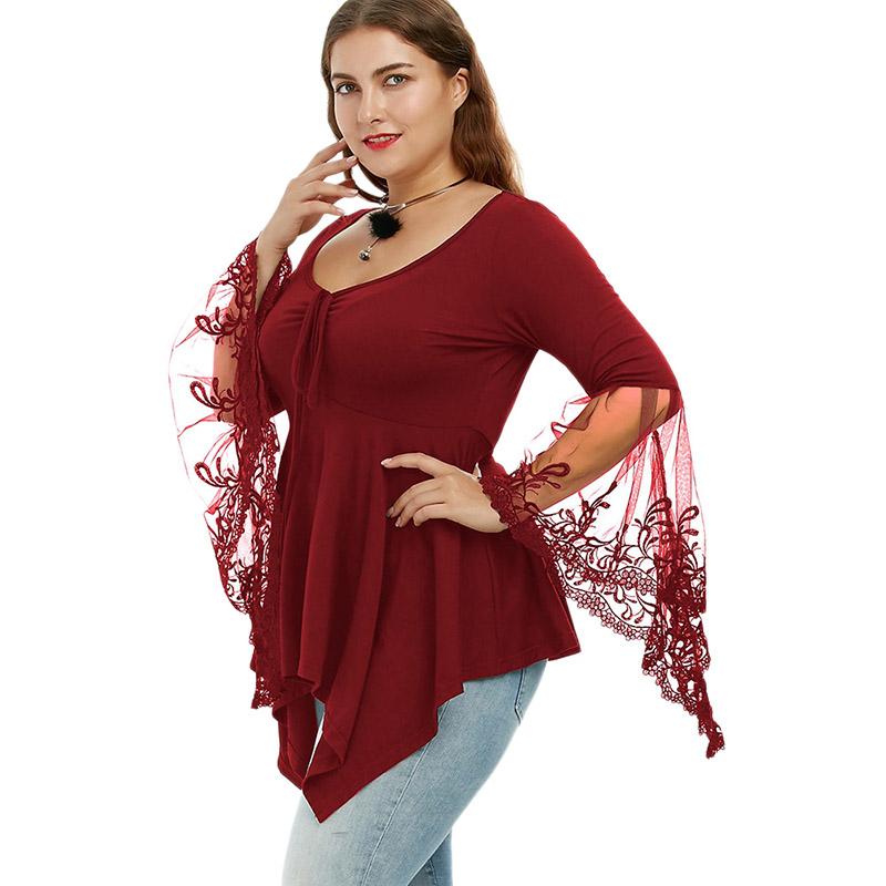 Plus Size Black Sexy Floral Lace Bell Flare Sleeve Top