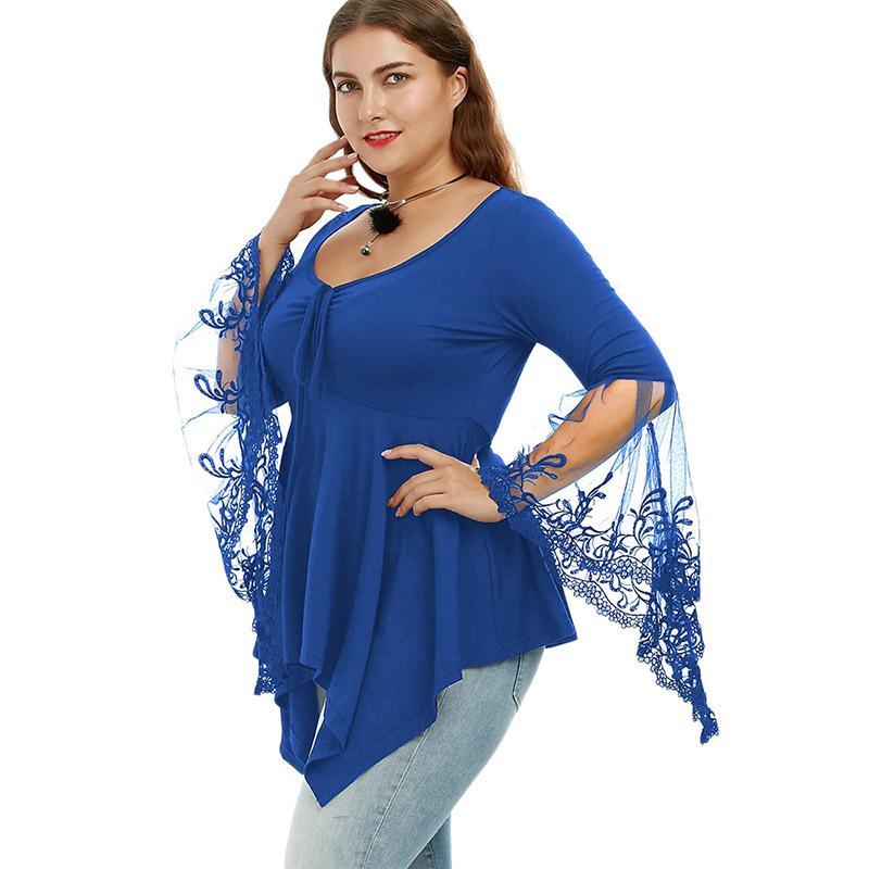 Plus Size Black Sexy Floral Lace Bell Flare Sleeve Top