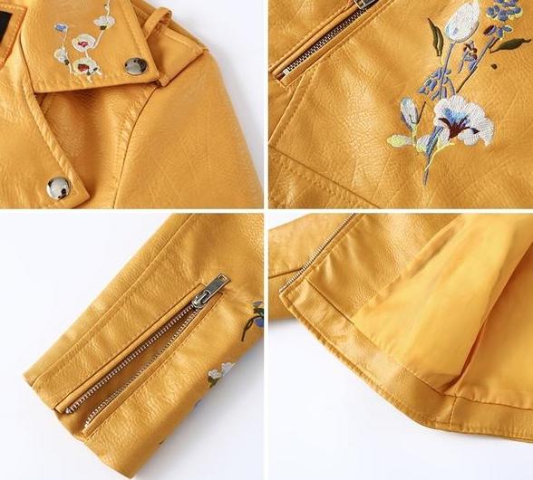 Floral Embroidered Faux Leather Motorcycle Jacket