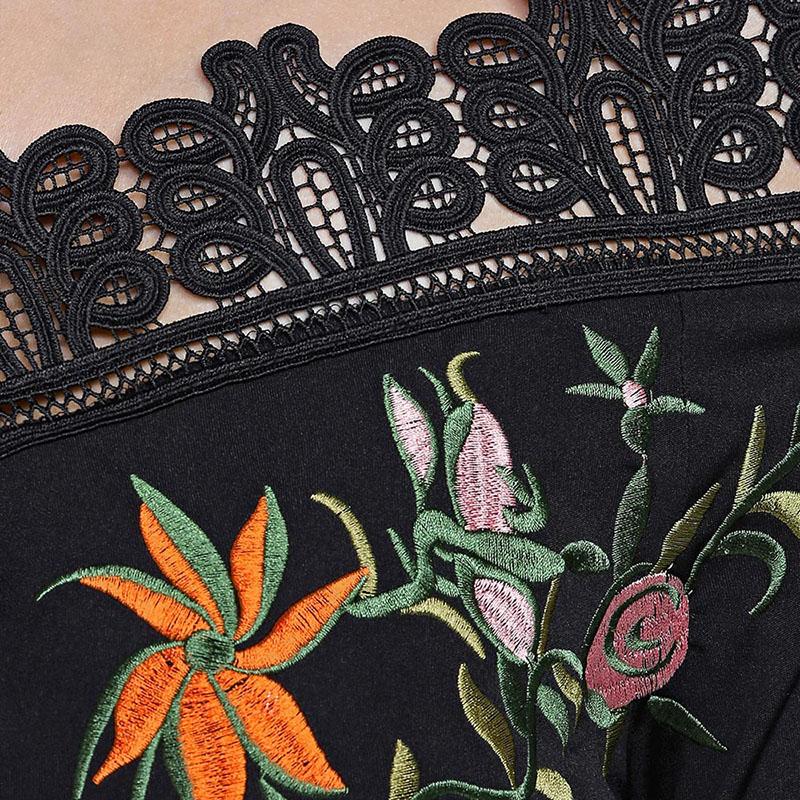 Black Crochet Floral Print Embroidered Off Shoulder Long Sleeve Plus Size Dress